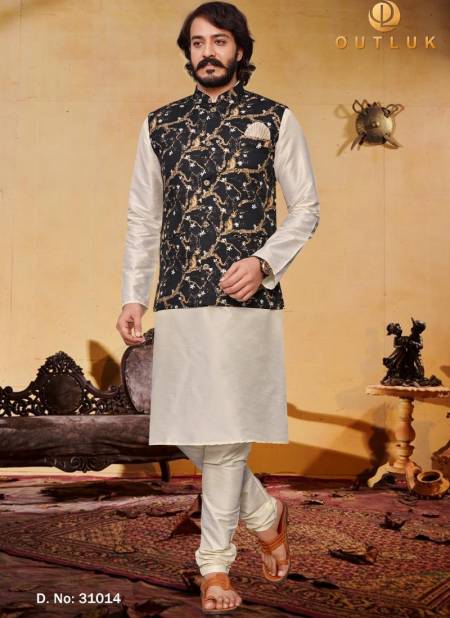 Off White Colour Exclusive Festive Wear Digital Art Silk Printed Kurta Pajama With Jacket Mens Collection 31014